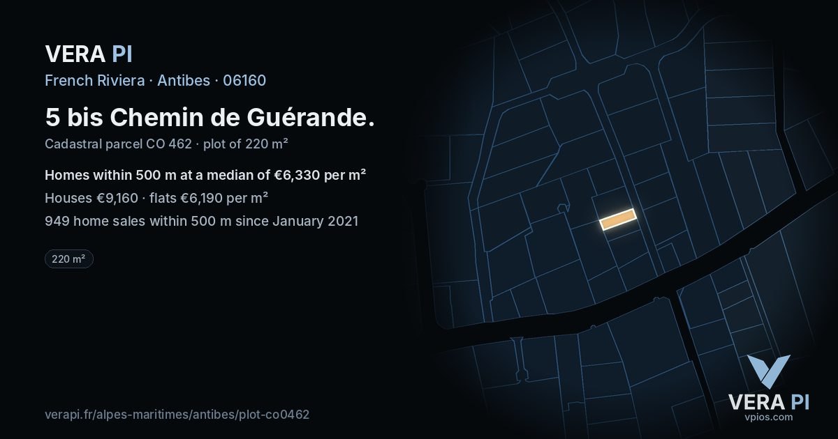 5 bis Chemin de Guérande, Antibes at night – the plot lit, the parcels around coloured by the prices near them
