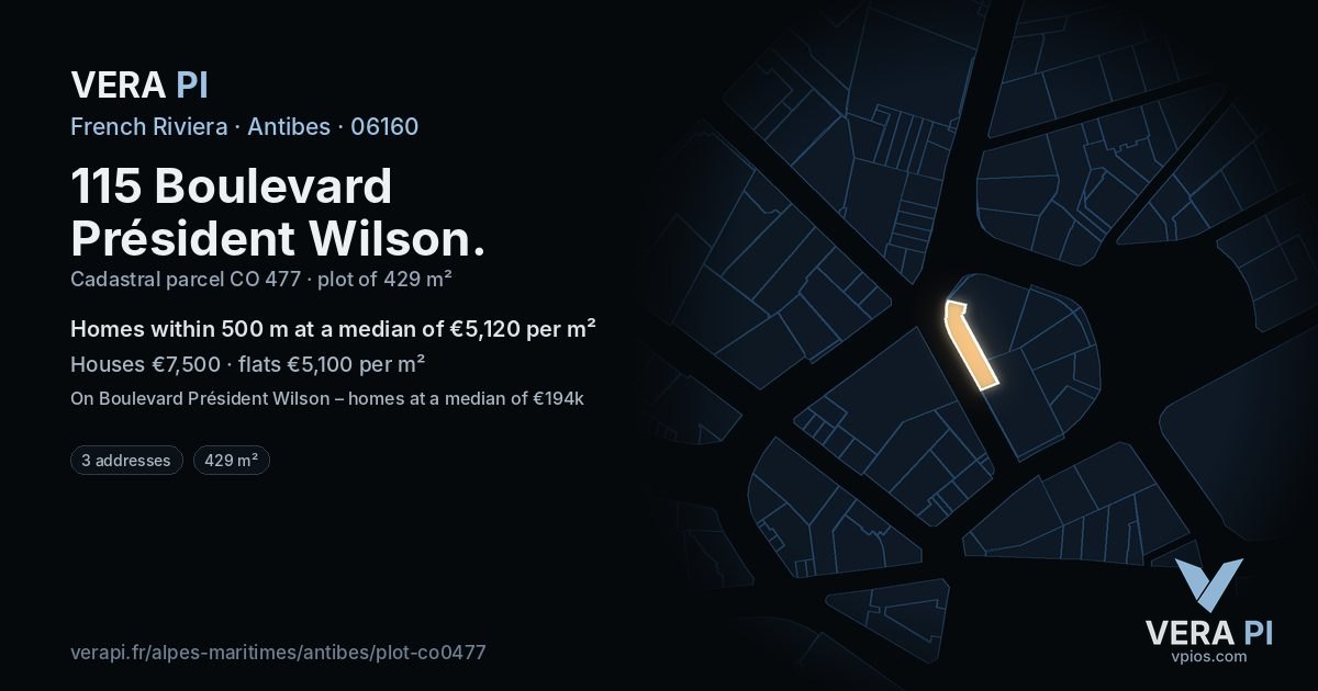115 Boulevard Président Wilson, Antibes at night – the plot lit, the parcels around coloured by the prices near them