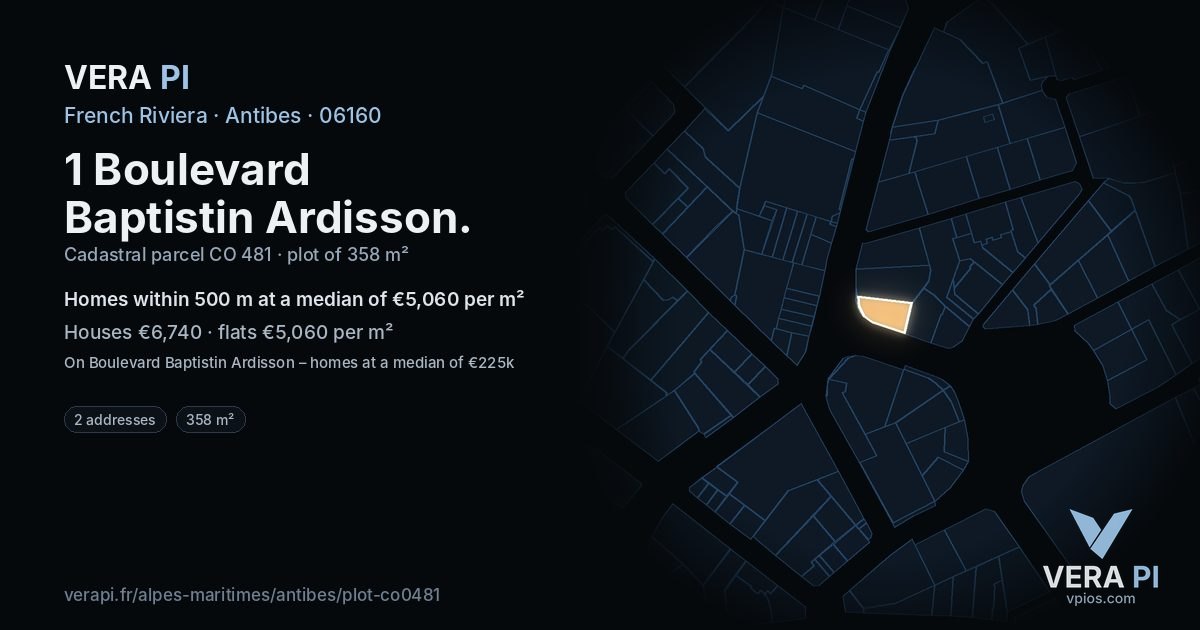 1 Boulevard Baptistin Ardisson, Antibes at night – the plot lit, the parcels around coloured by the prices near them