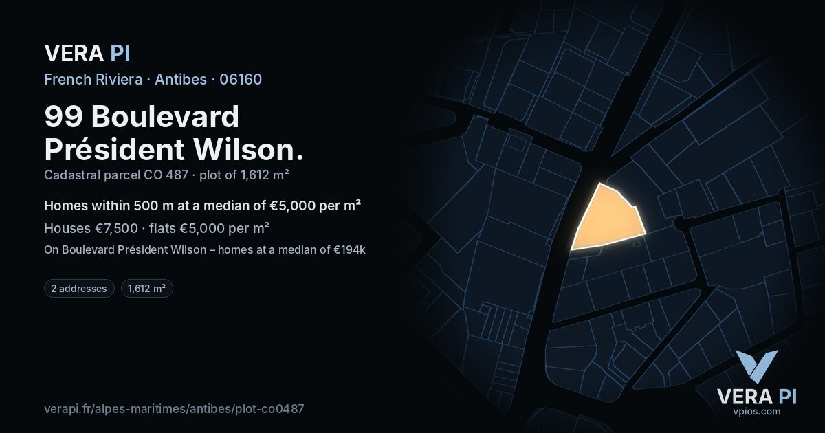 99 Boulevard Président Wilson, Antibes at night – the plot lit, the parcels around coloured by the prices near them