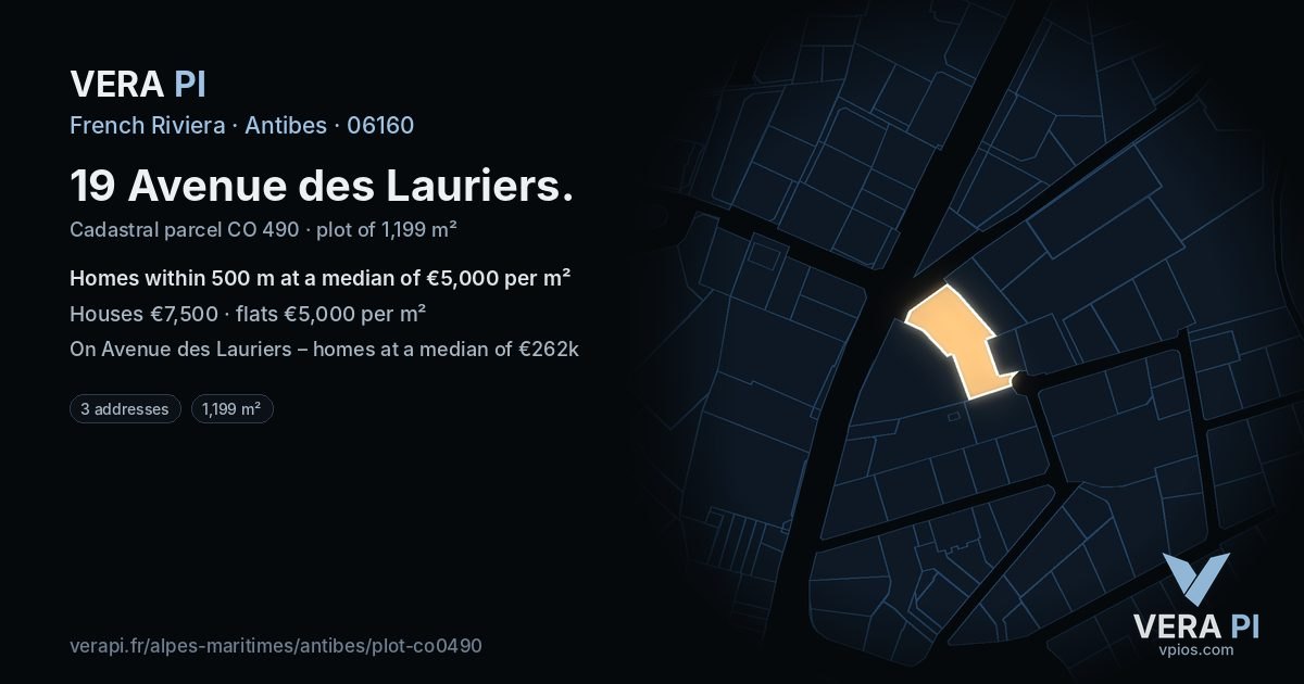 19 Avenue des Lauriers, Antibes at night – the plot lit, the parcels around coloured by the prices near them