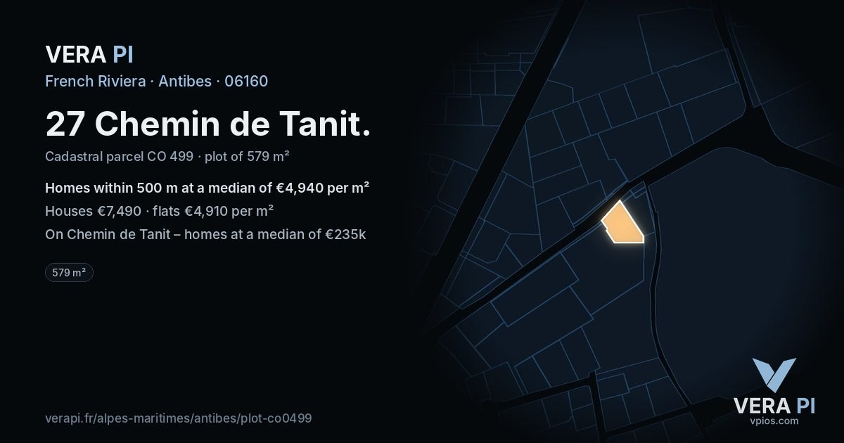 27 Chemin de Tanit, Antibes at night – the plot lit, the parcels around coloured by the prices near them