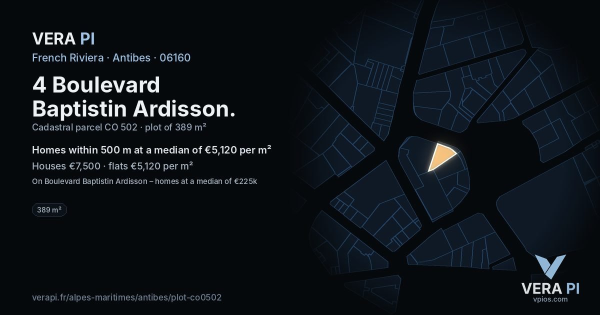 4 Boulevard Baptistin Ardisson, Antibes at night – the plot lit, the parcels around coloured by the prices near them