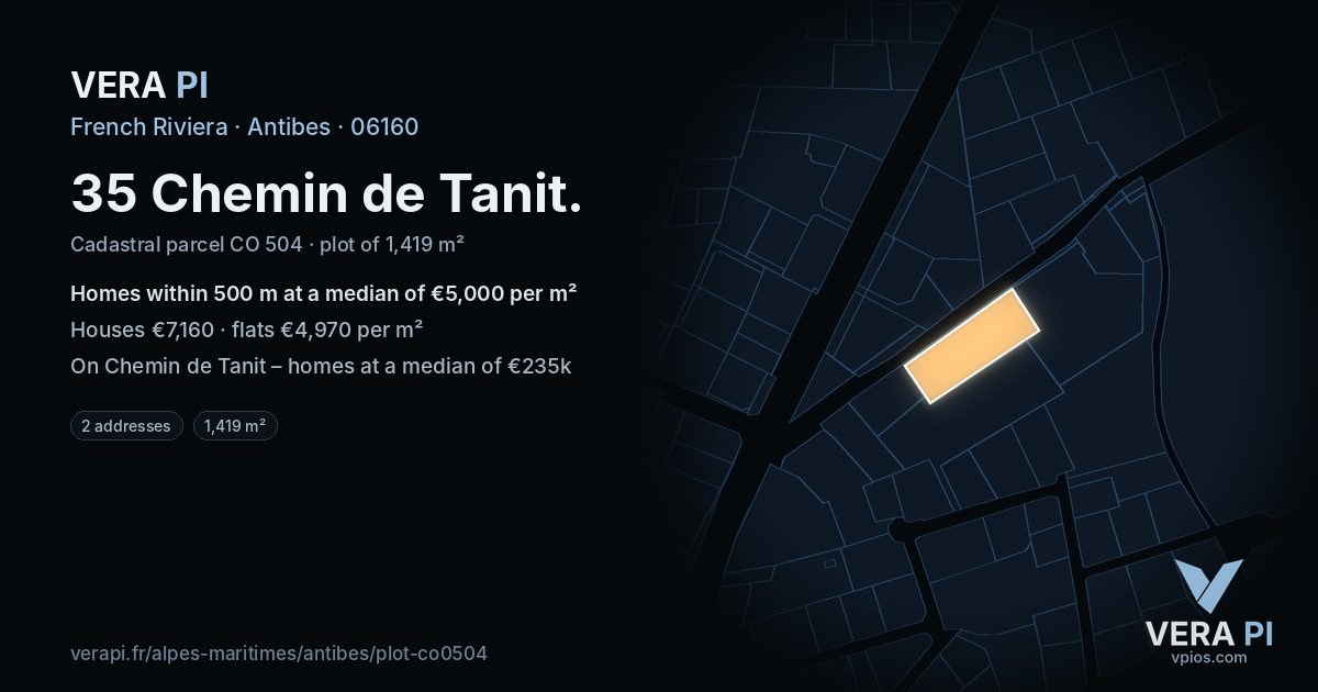 35 Chemin de Tanit, Antibes at night – the plot lit, the parcels around coloured by the prices near them