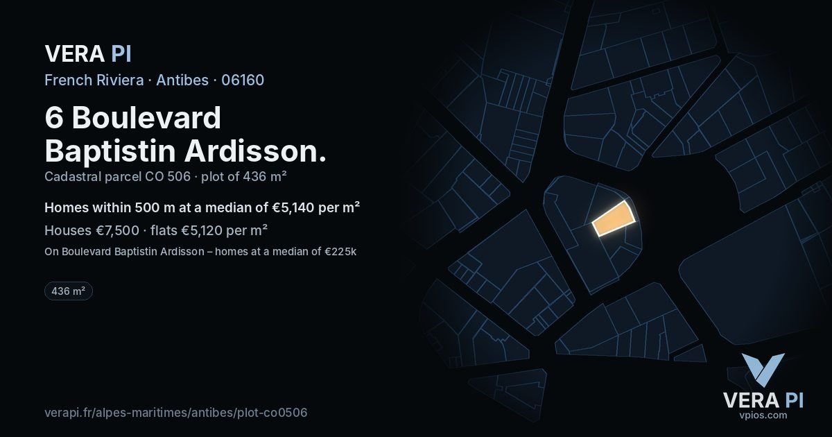 6 Boulevard Baptistin Ardisson, Antibes at night – the plot lit, the parcels around coloured by the prices near them