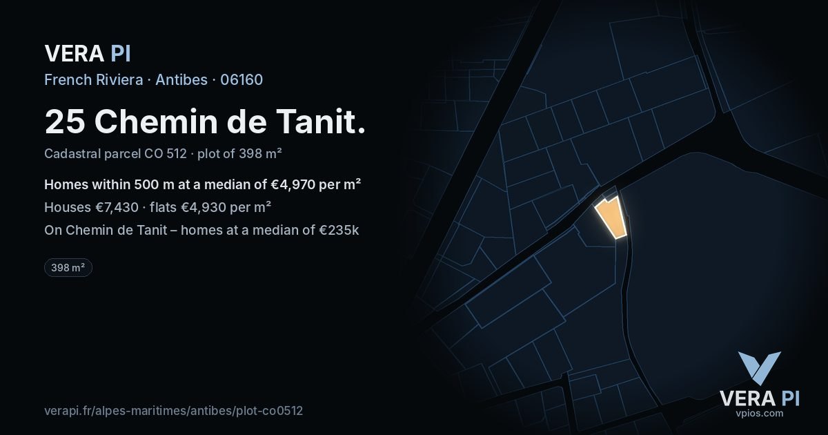 25 Chemin de Tanit, Antibes at night – the plot lit, the parcels around coloured by the prices near them