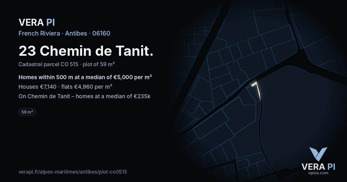 23 Chemin de Tanit, Antibes at night – the plot lit, the parcels around coloured by the prices near them