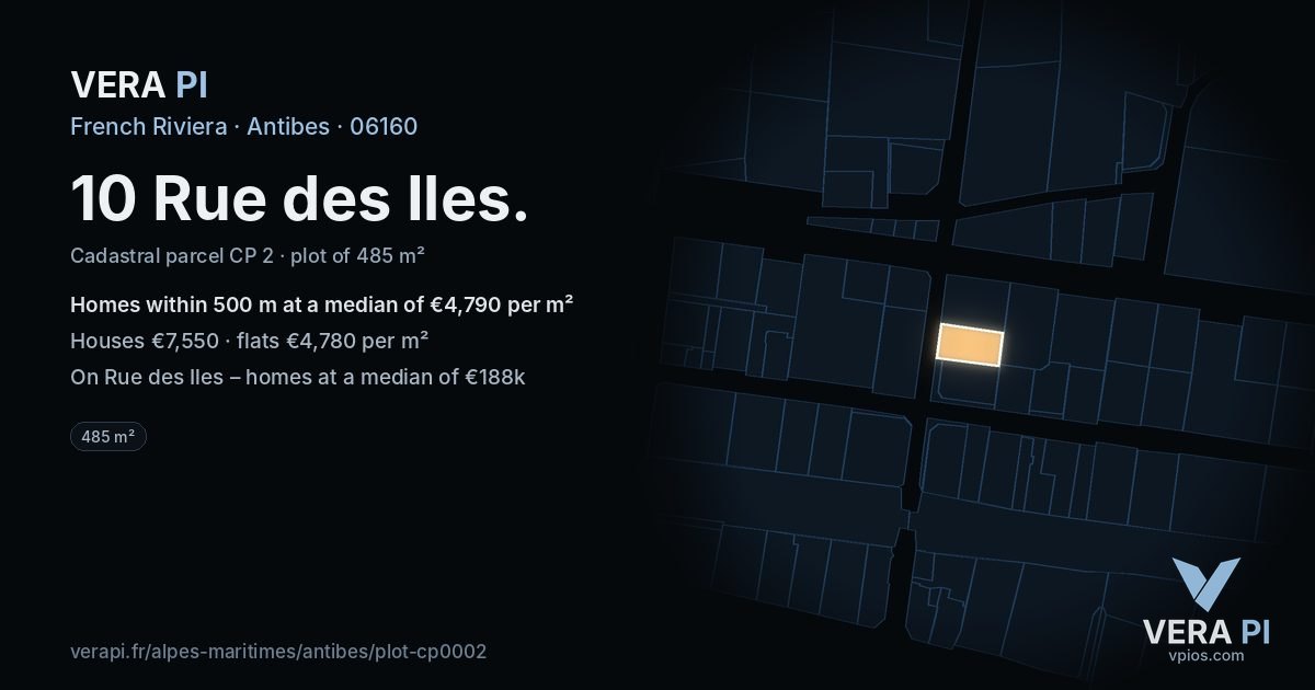 10 Rue des Iles, Antibes at night – the plot lit, the parcels around coloured by the prices near them