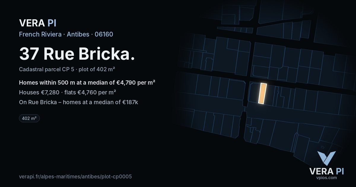 37 Rue Bricka, Antibes at night – the plot lit, the parcels around coloured by the prices near them