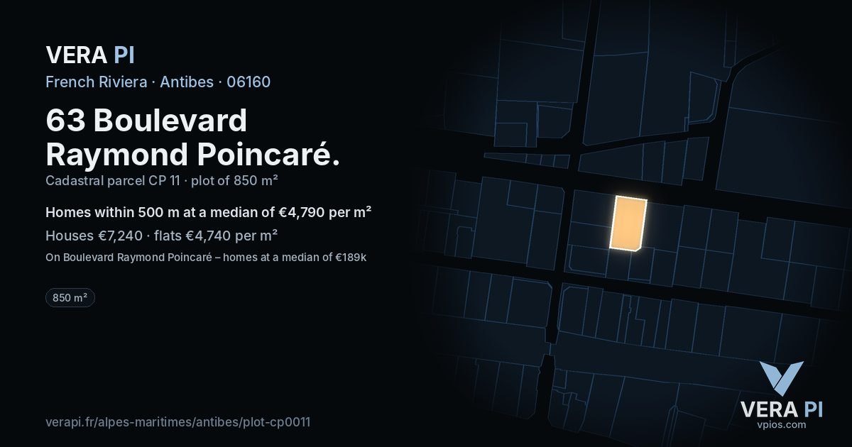 63 Boulevard Raymond Poincaré, Antibes at night – the plot lit, the parcels around coloured by the prices near them