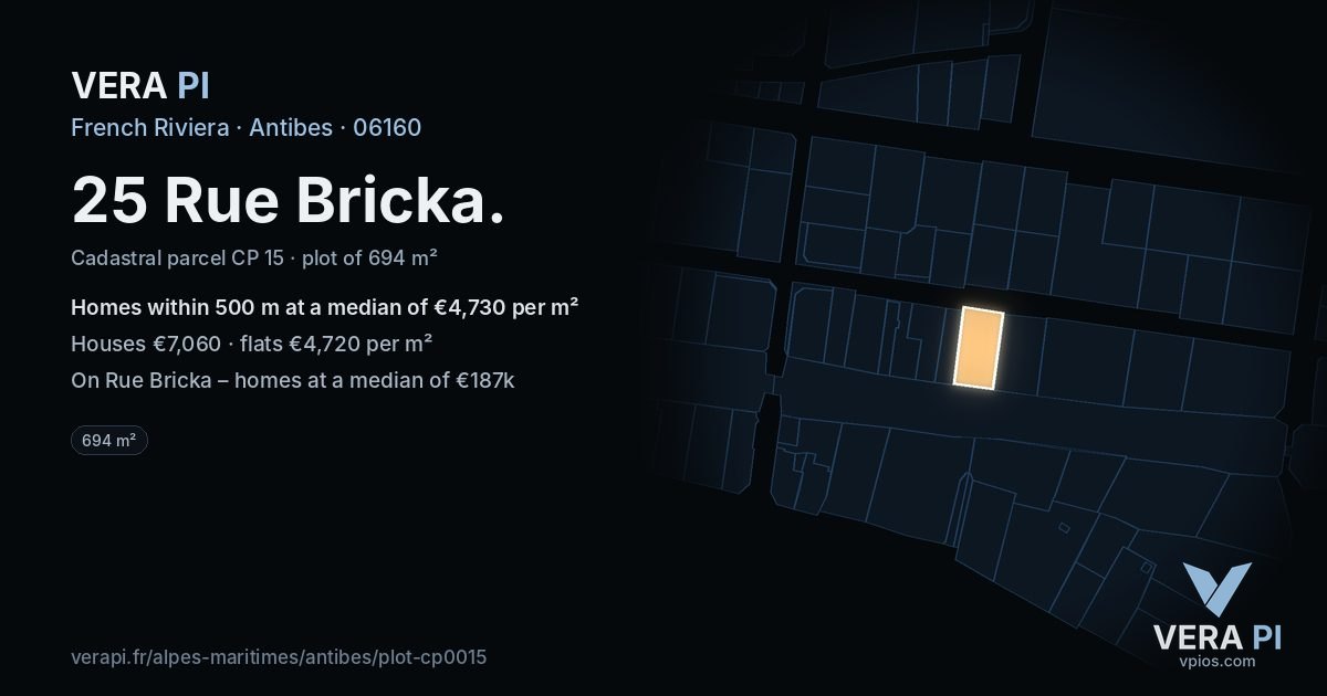 25 Rue Bricka, Antibes at night – the plot lit, the parcels around coloured by the prices near them