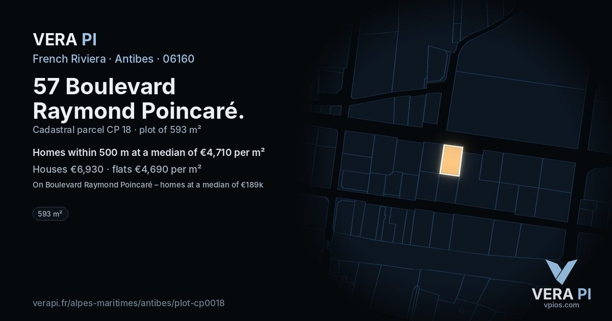 57 Boulevard Raymond Poincaré, Antibes at night – the plot lit, the parcels around coloured by the prices near them