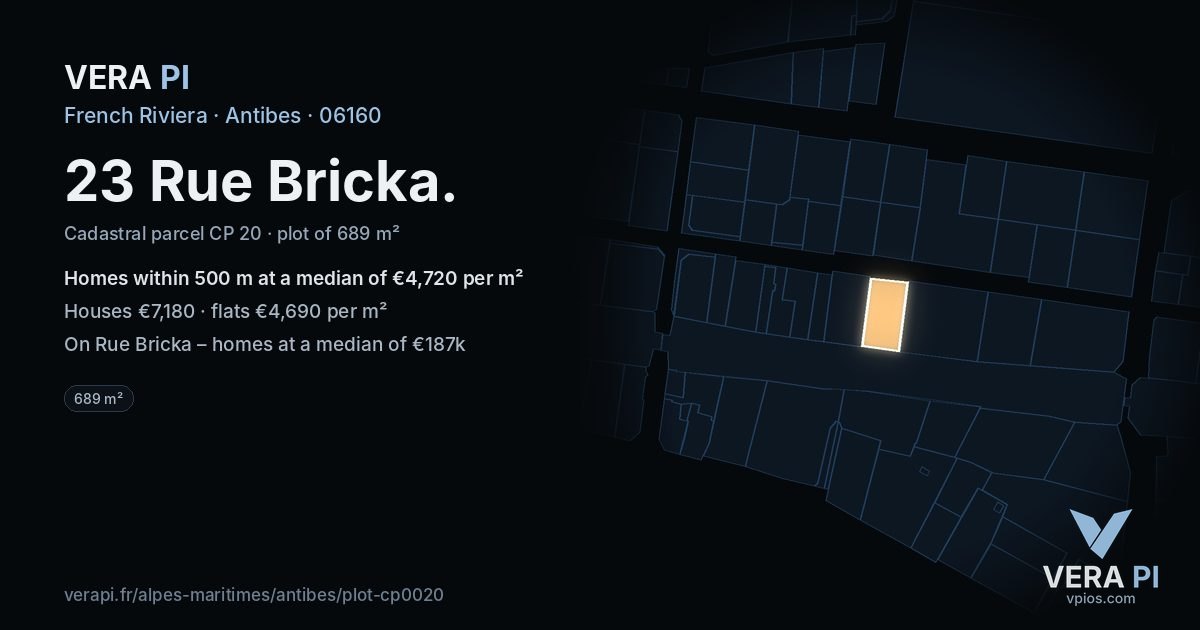 23 Rue Bricka, Antibes at night – the plot lit, the parcels around coloured by the prices near them
