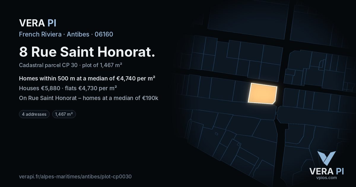 8 Rue Saint Honorat, Antibes at night – the plot lit, the parcels around coloured by the prices near them