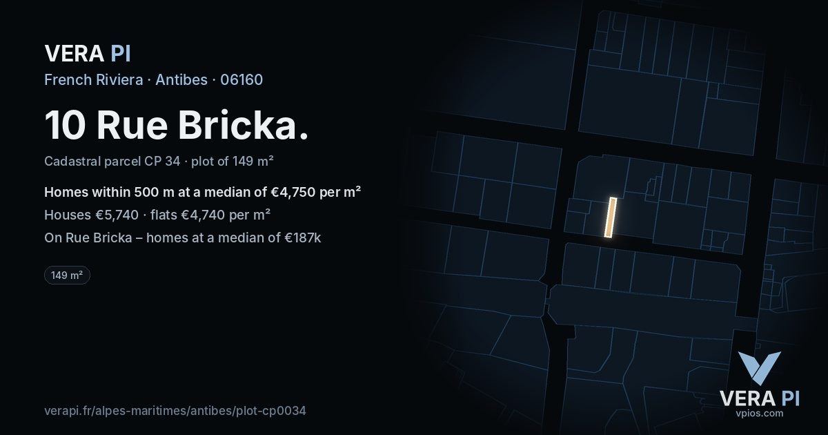 10 Rue Bricka, Antibes at night – the plot lit, the parcels around coloured by the prices near them