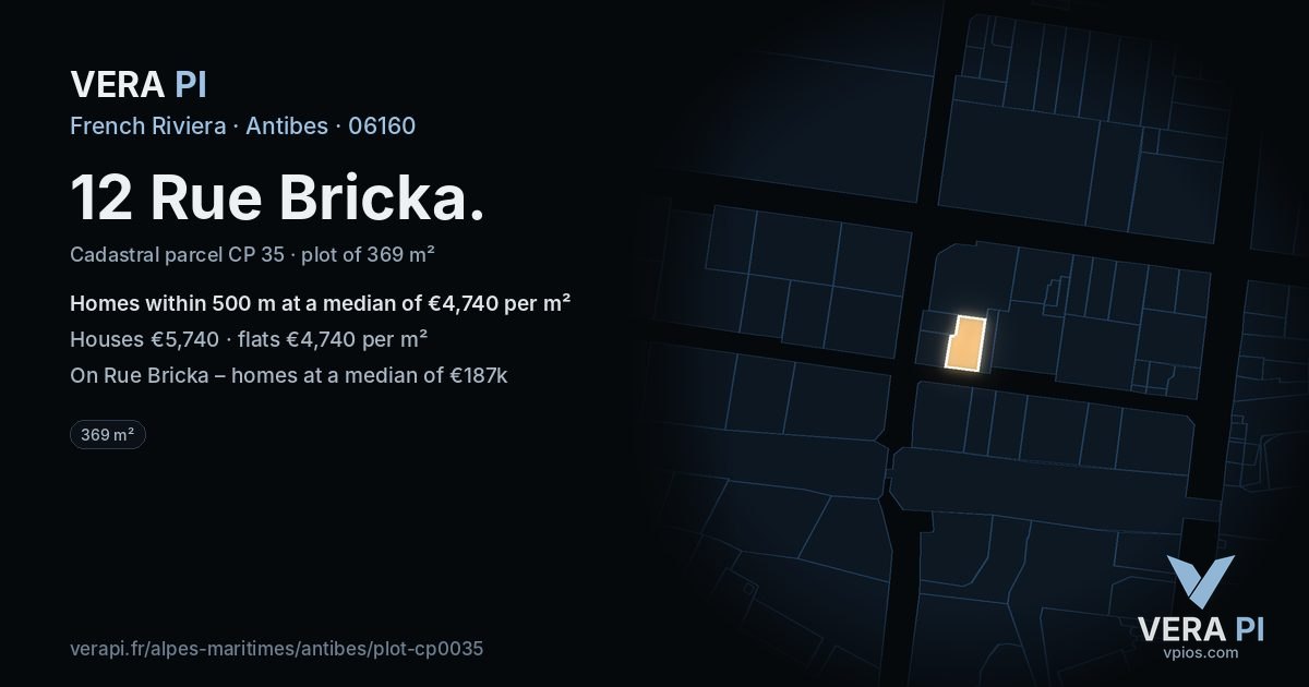 12 Rue Bricka, Antibes at night – the plot lit, the parcels around coloured by the prices near them