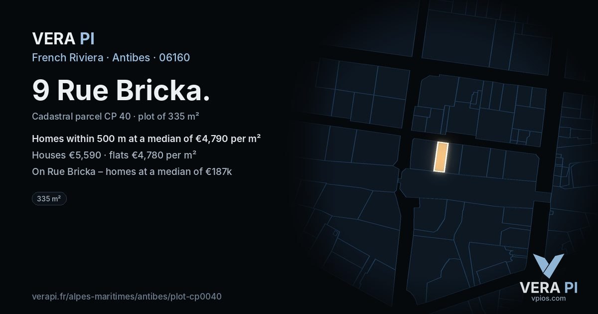 9 Rue Bricka, Antibes at night – the plot lit, the parcels around coloured by the prices near them