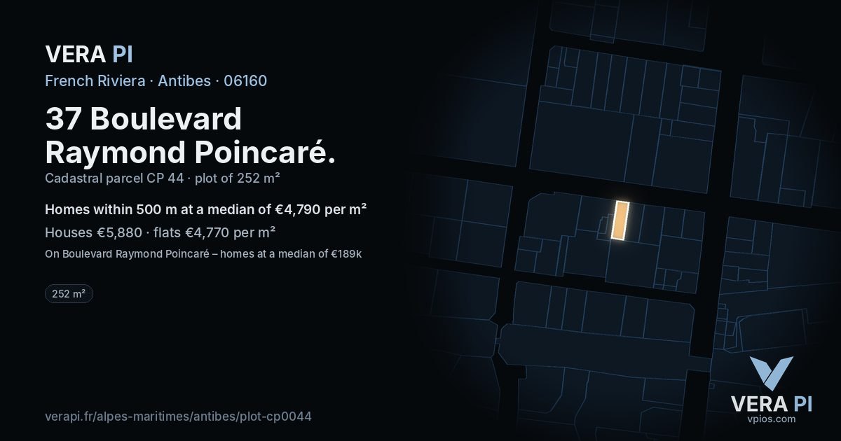 37 Boulevard Raymond Poincaré, Antibes at night – the plot lit, the parcels around coloured by the prices near them