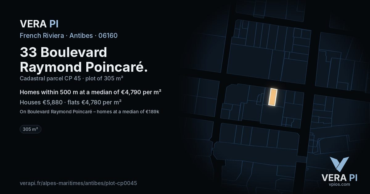 33 Boulevard Raymond Poincaré, Antibes at night – the plot lit, the parcels around coloured by the prices near them