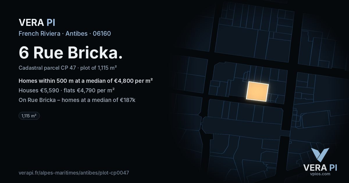 6 Rue Bricka, Antibes at night – the plot lit, the parcels around coloured by the prices near them