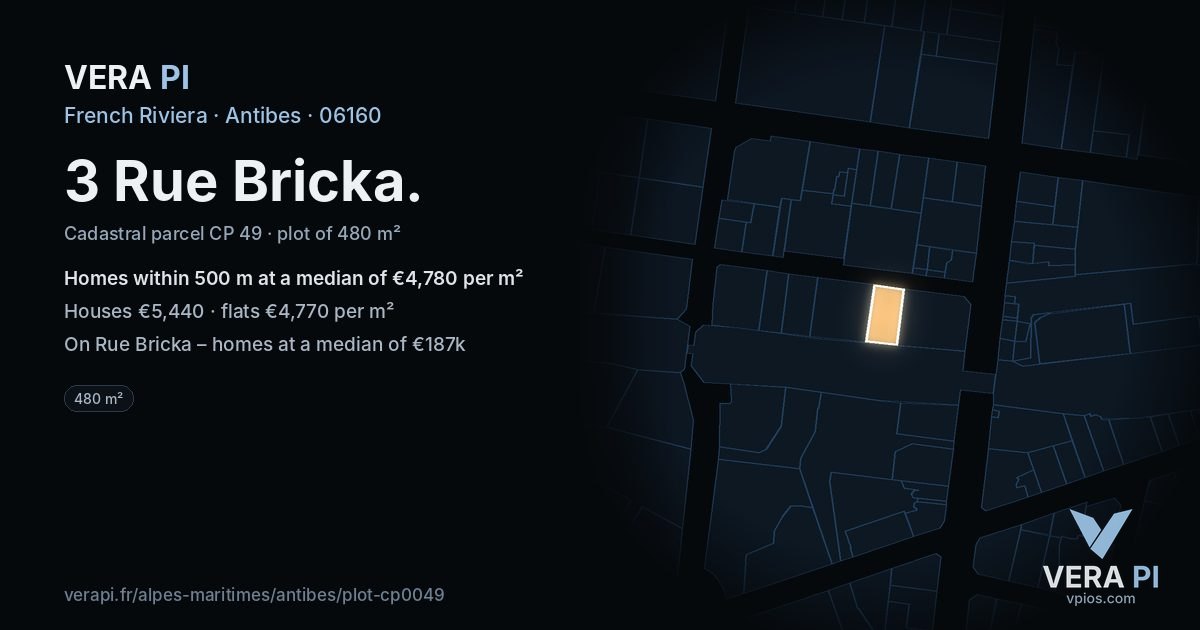 3 Rue Bricka, Antibes at night – the plot lit, the parcels around coloured by the prices near them