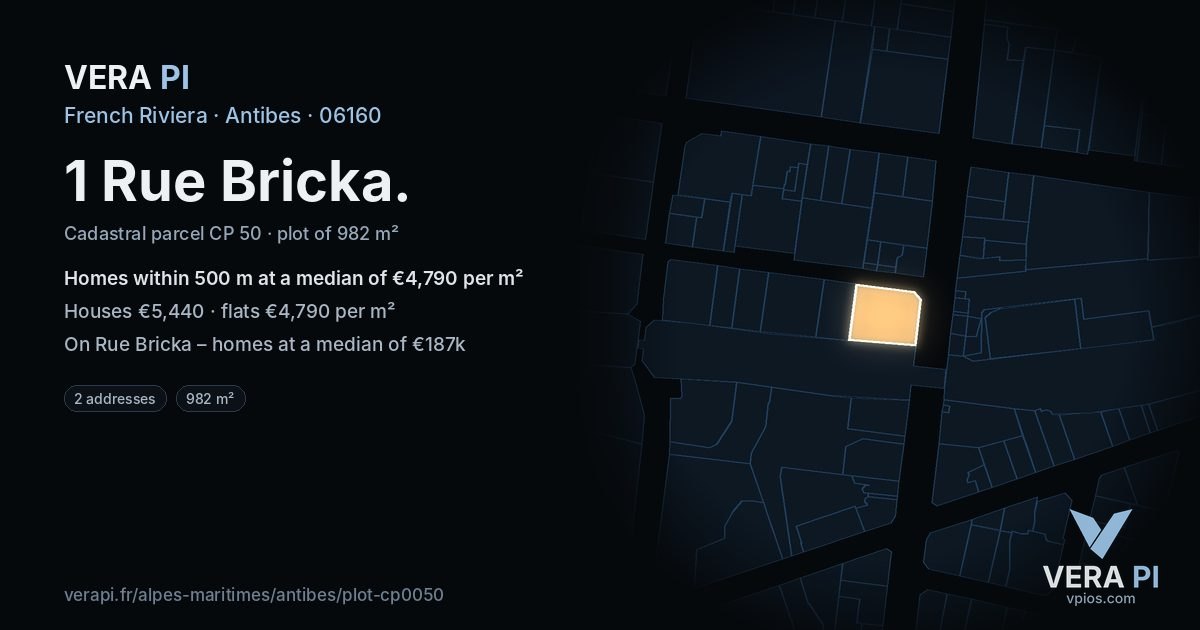 1 Rue Bricka, Antibes at night – the plot lit, the parcels around coloured by the prices near them