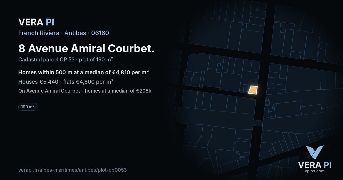 8 Avenue Amiral Courbet, Antibes at night – the plot lit, the parcels around coloured by the prices near them