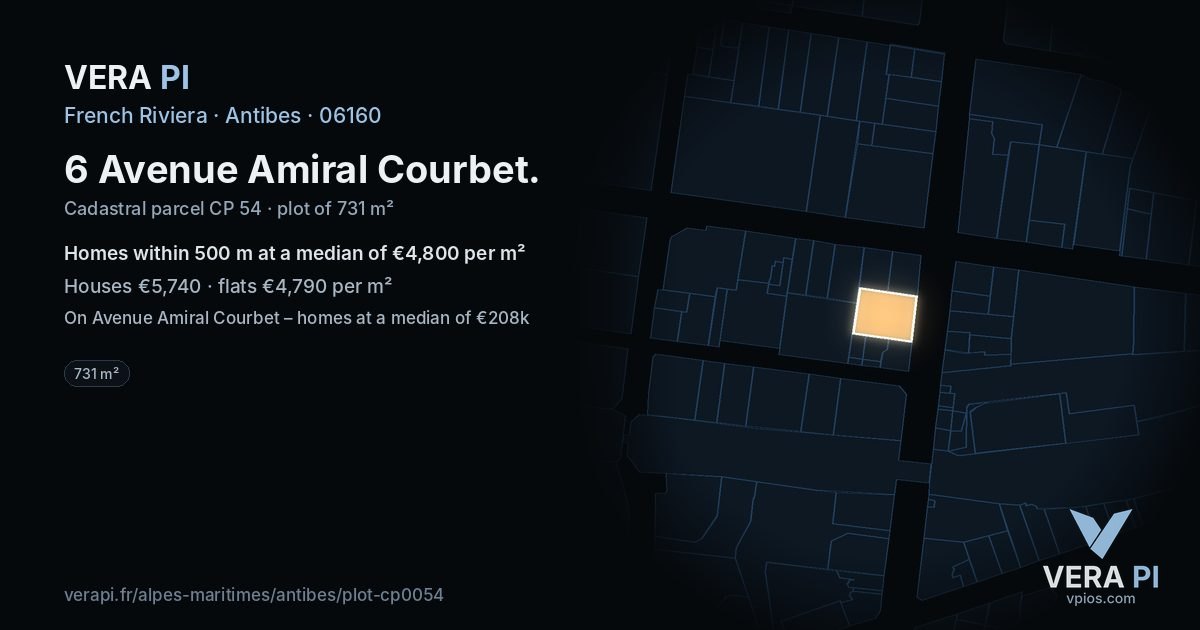 6 Avenue Amiral Courbet, Antibes at night – the plot lit, the parcels around coloured by the prices near them