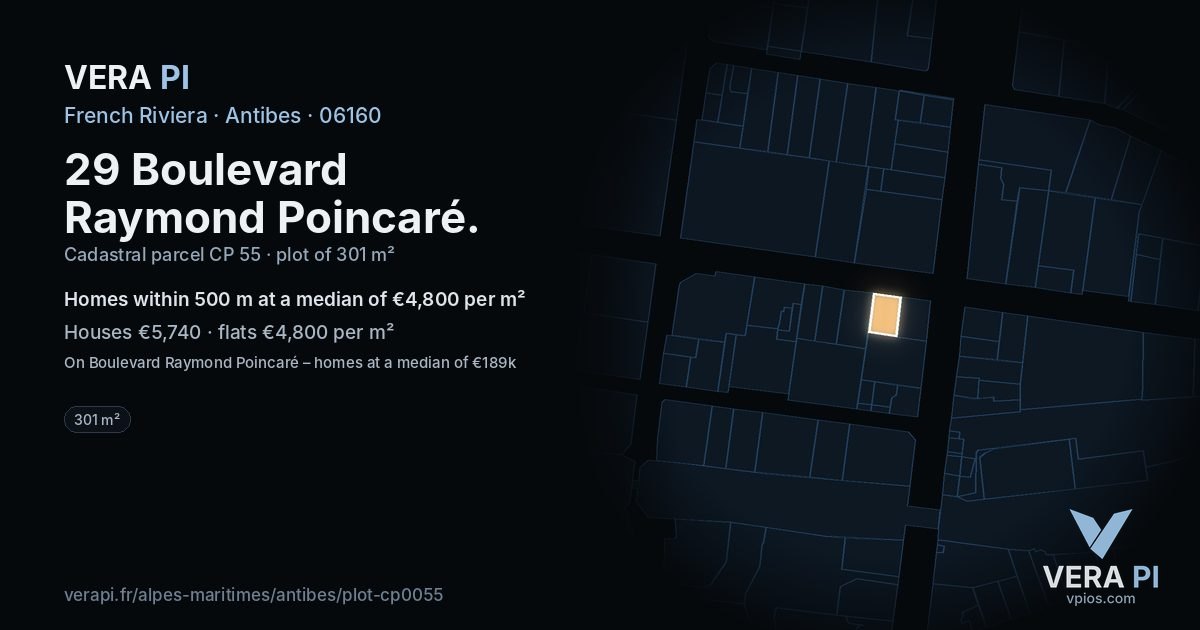 29 Boulevard Raymond Poincaré, Antibes at night – the plot lit, the parcels around coloured by the prices near them
