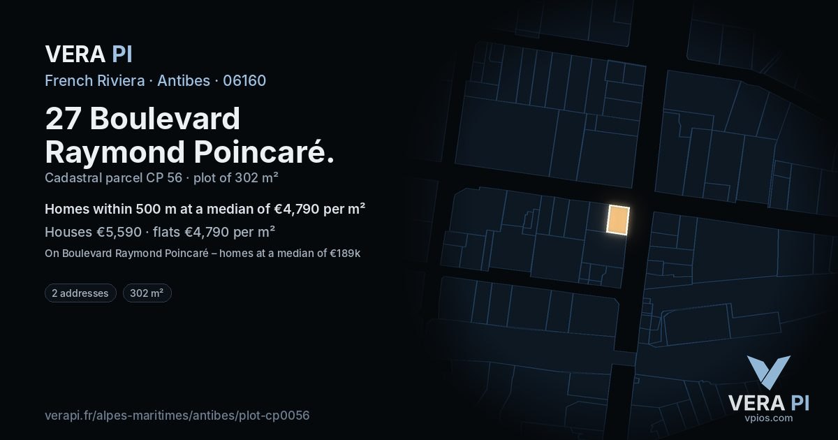 27 Boulevard Raymond Poincaré, Antibes at night – the plot lit, the parcels around coloured by the prices near them