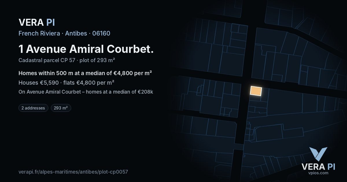 1 Avenue Amiral Courbet, Antibes at night – the plot lit, the parcels around coloured by the prices near them