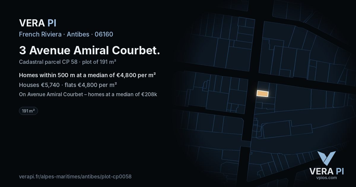 3 Avenue Amiral Courbet, Antibes at night – the plot lit, the parcels around coloured by the prices near them