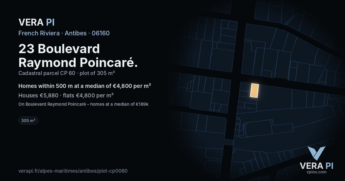 23 Boulevard Raymond Poincaré, Antibes at night – the plot lit, the parcels around coloured by the prices near them