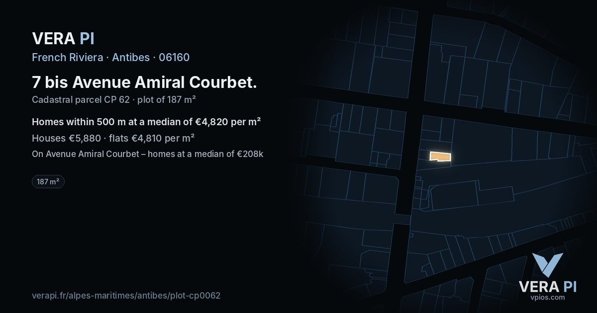 7 bis Avenue Amiral Courbet, Antibes at night – the plot lit, the parcels around coloured by the prices near them