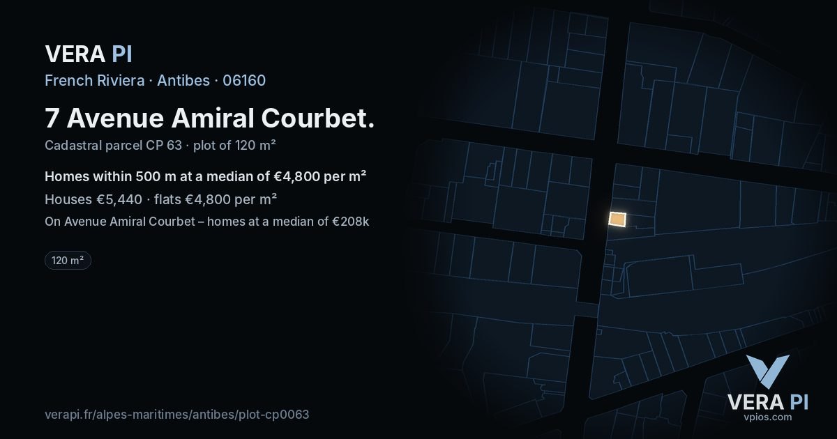 7 Avenue Amiral Courbet, Antibes at night – the plot lit, the parcels around coloured by the prices near them