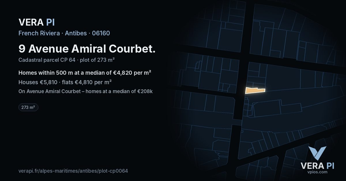 9 Avenue Amiral Courbet, Antibes at night – the plot lit, the parcels around coloured by the prices near them