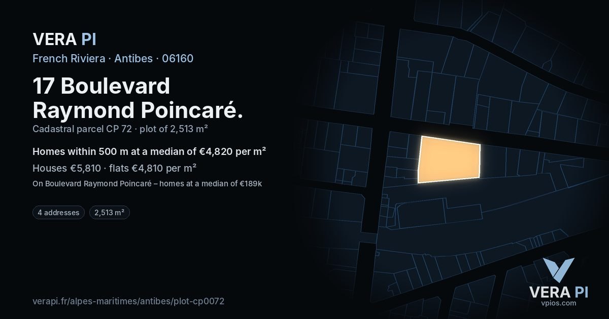 17 Boulevard Raymond Poincaré, Antibes at night – the plot lit, the parcels around coloured by the prices near them
