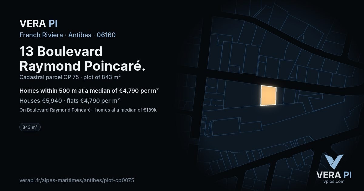 13 Boulevard Raymond Poincaré, Antibes at night – the plot lit, the parcels around coloured by the prices near them