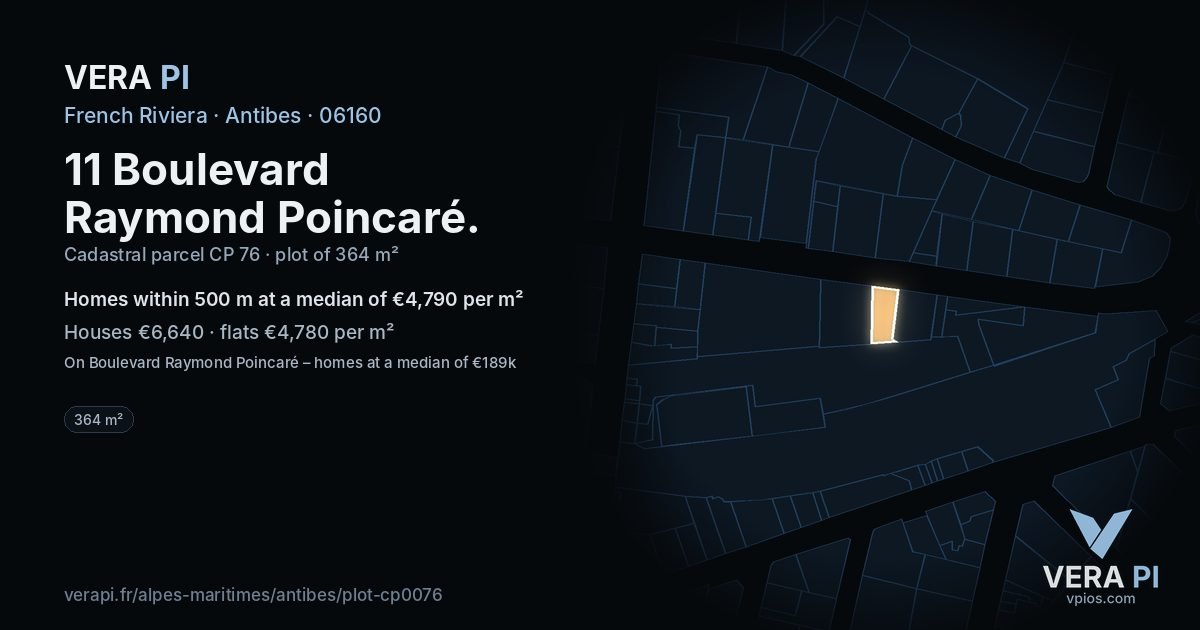 11 Boulevard Raymond Poincaré, Antibes at night – the plot lit, the parcels around coloured by the prices near them