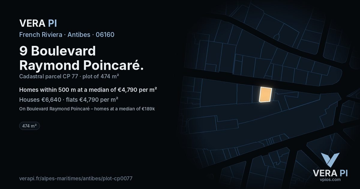 9 Boulevard Raymond Poincaré, Antibes at night – the plot lit, the parcels around coloured by the prices near them
