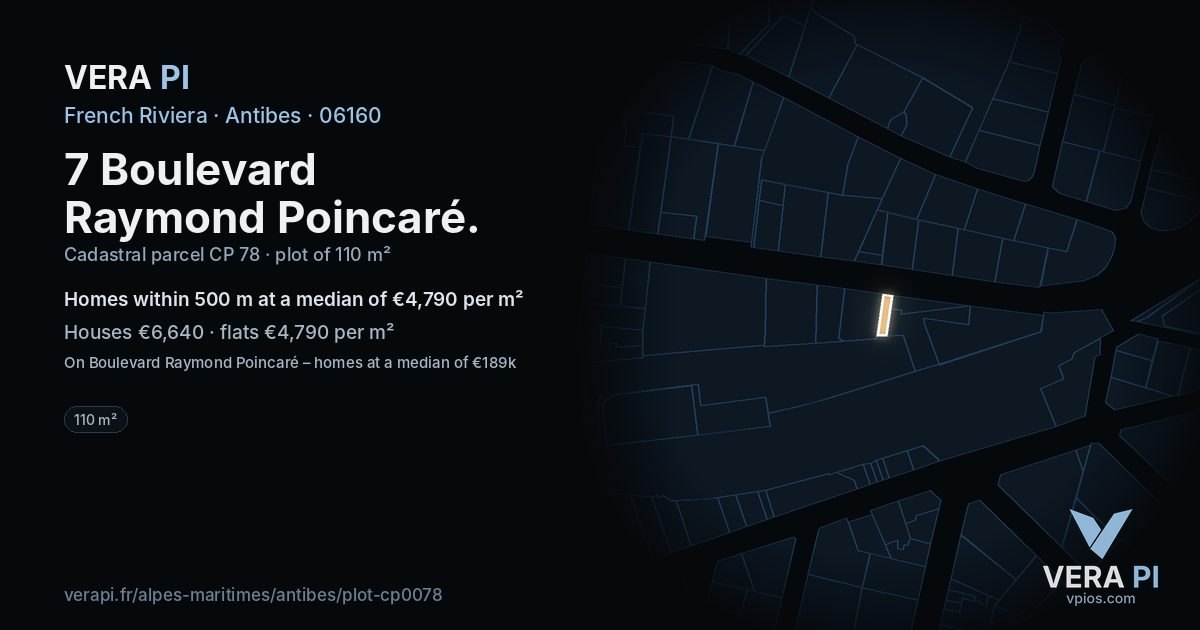 7 Boulevard Raymond Poincaré, Antibes at night – the plot lit, the parcels around coloured by the prices near them