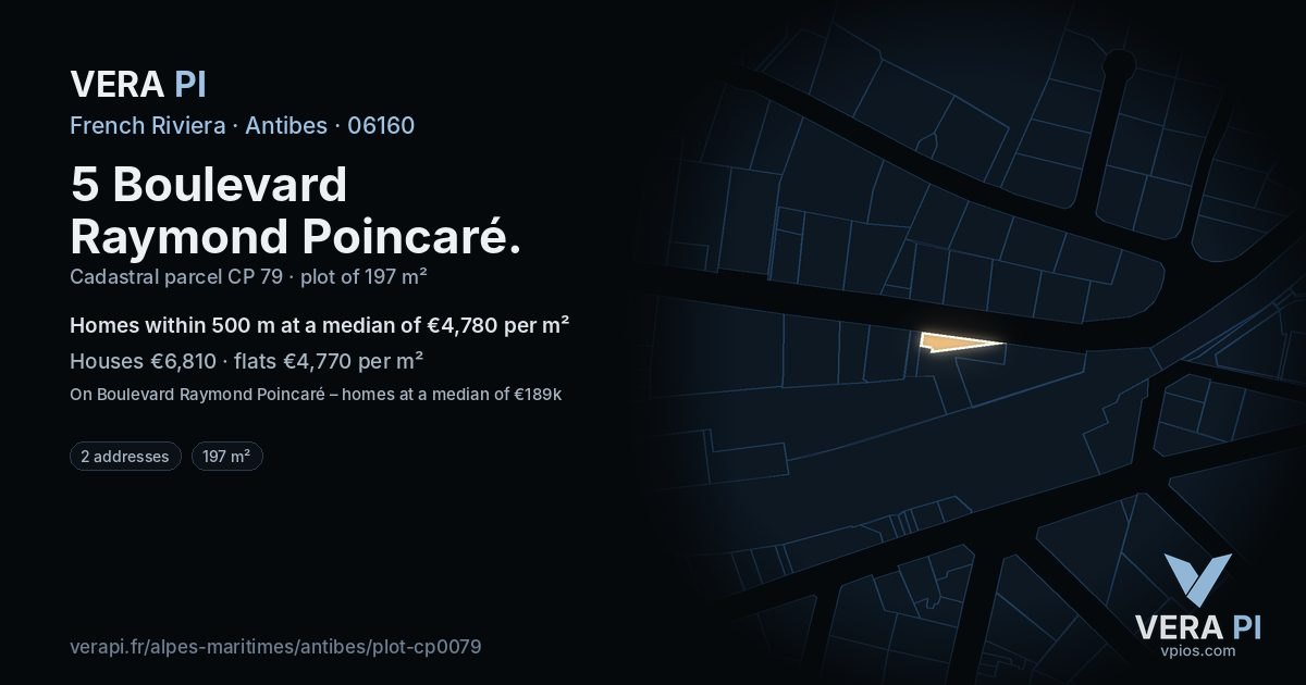5 Boulevard Raymond Poincaré, Antibes at night – the plot lit, the parcels around coloured by the prices near them