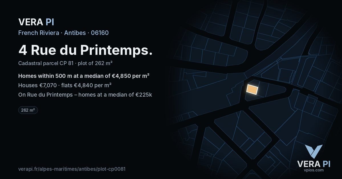 4 Rue du Printemps, Antibes at night – the plot lit, the parcels around coloured by the prices near them