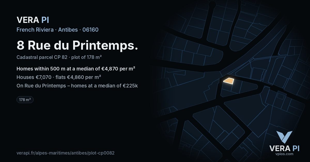 8 Rue du Printemps, Antibes at night – the plot lit, the parcels around coloured by the prices near them