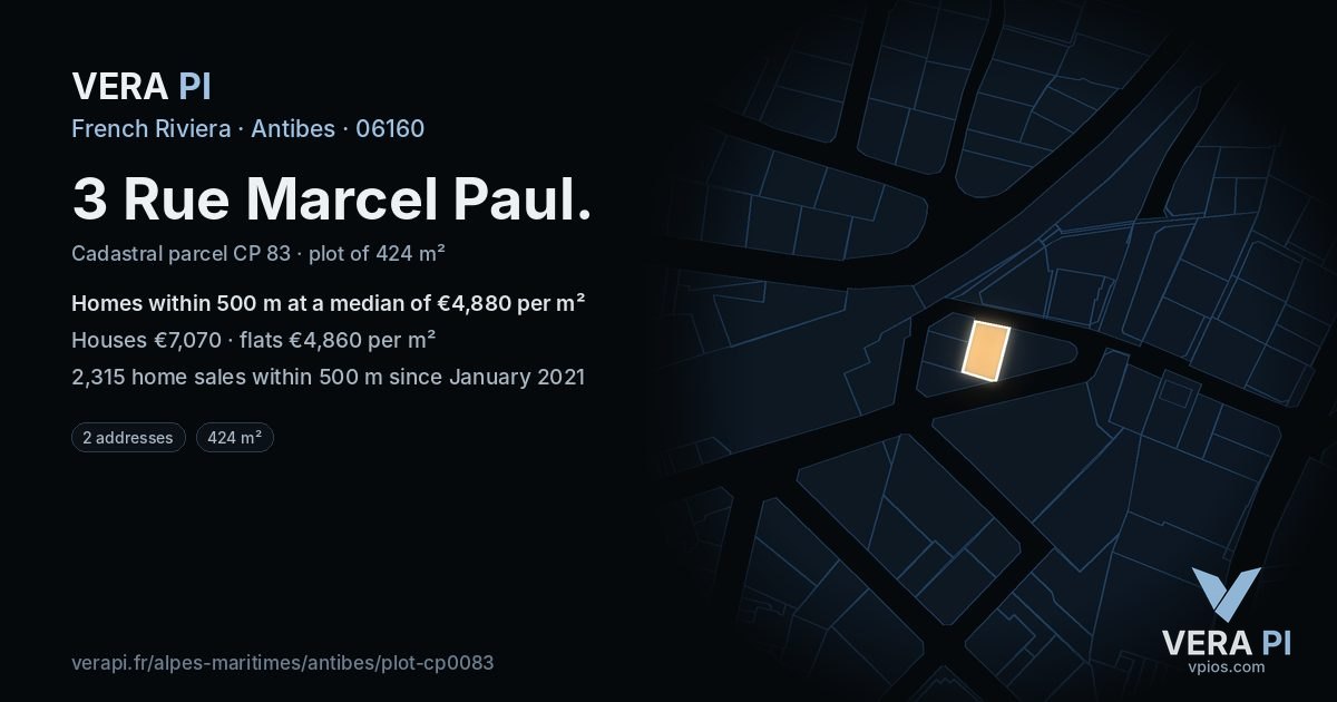3 Rue Marcel Paul, Antibes at night – the plot lit, the parcels around coloured by the prices near them