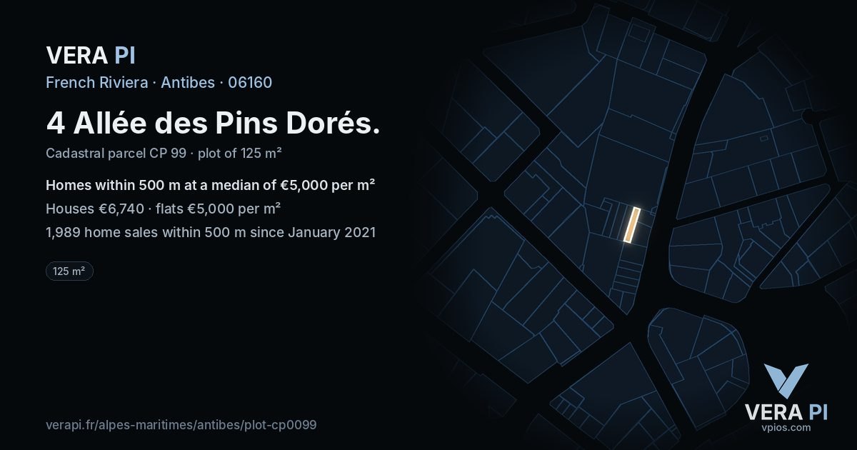 4 Allée des Pins Dorés, Antibes at night – the plot lit, the parcels around coloured by the prices near them