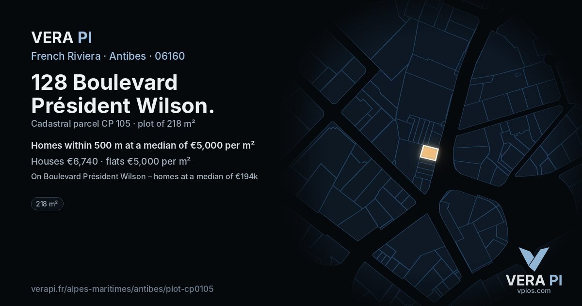 128 Boulevard Président Wilson, Antibes at night – the plot lit, the parcels around coloured by the prices near them