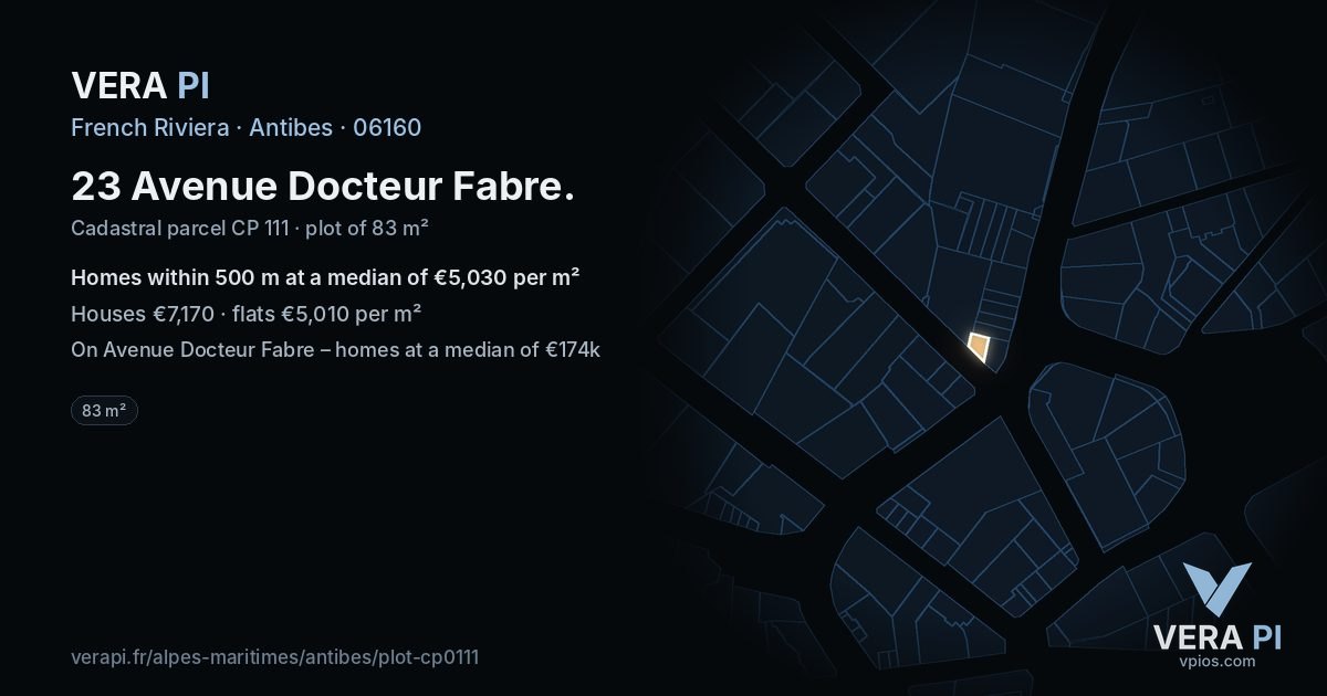 23 Avenue Docteur Fabre, Antibes at night – the plot lit, the parcels around coloured by the prices near them
