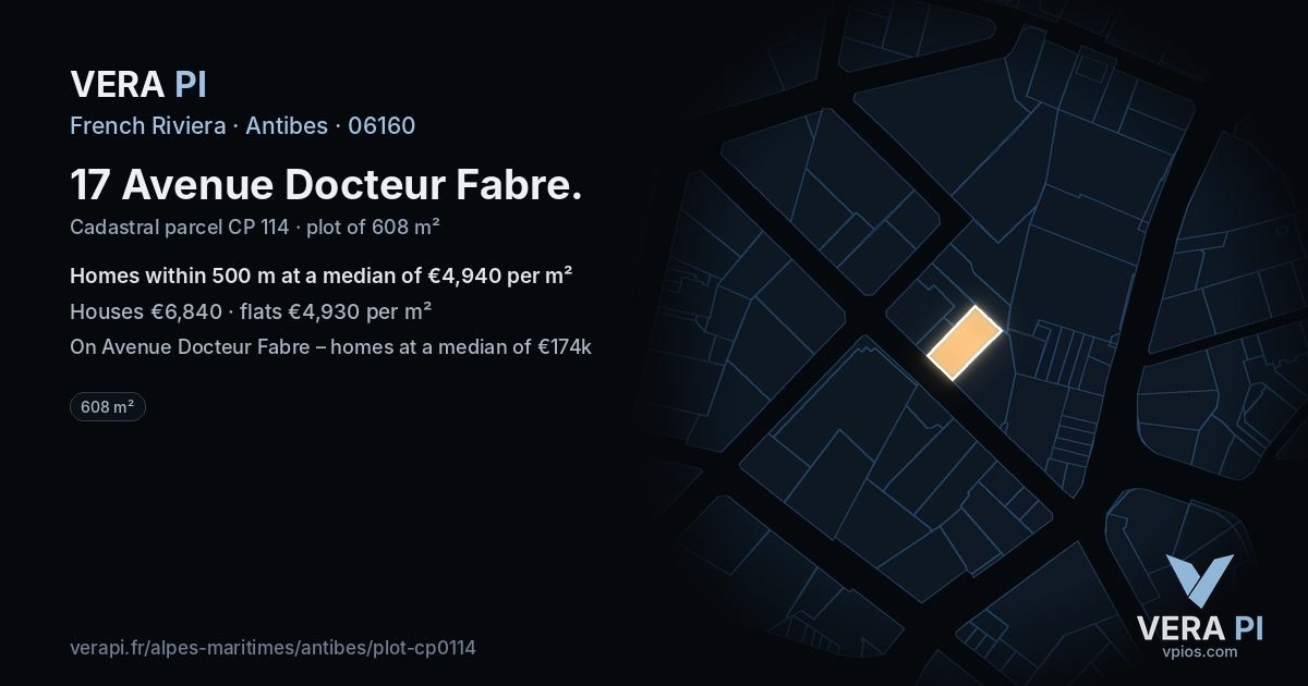 17 Avenue Docteur Fabre, Antibes at night – the plot lit, the parcels around coloured by the prices near them
