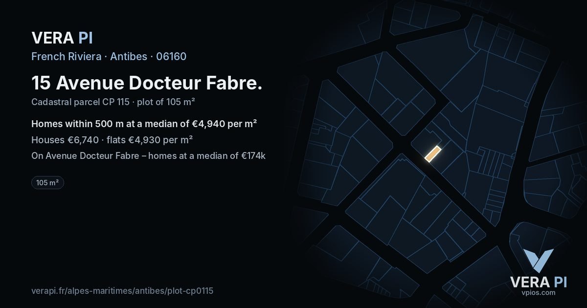 15 Avenue Docteur Fabre, Antibes at night – the plot lit, the parcels around coloured by the prices near them